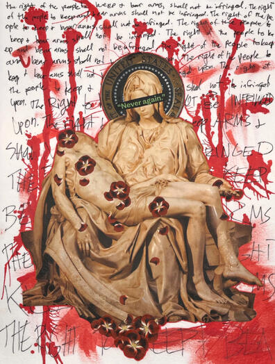 Never Again - 2023. Mixed Media Collage. 9&quot; x 12&quot;