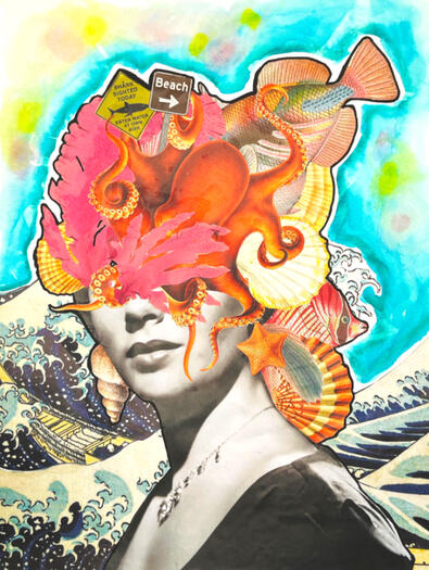She Sells Seashells - 2023. Mixed Media Collage. 9" x 12"